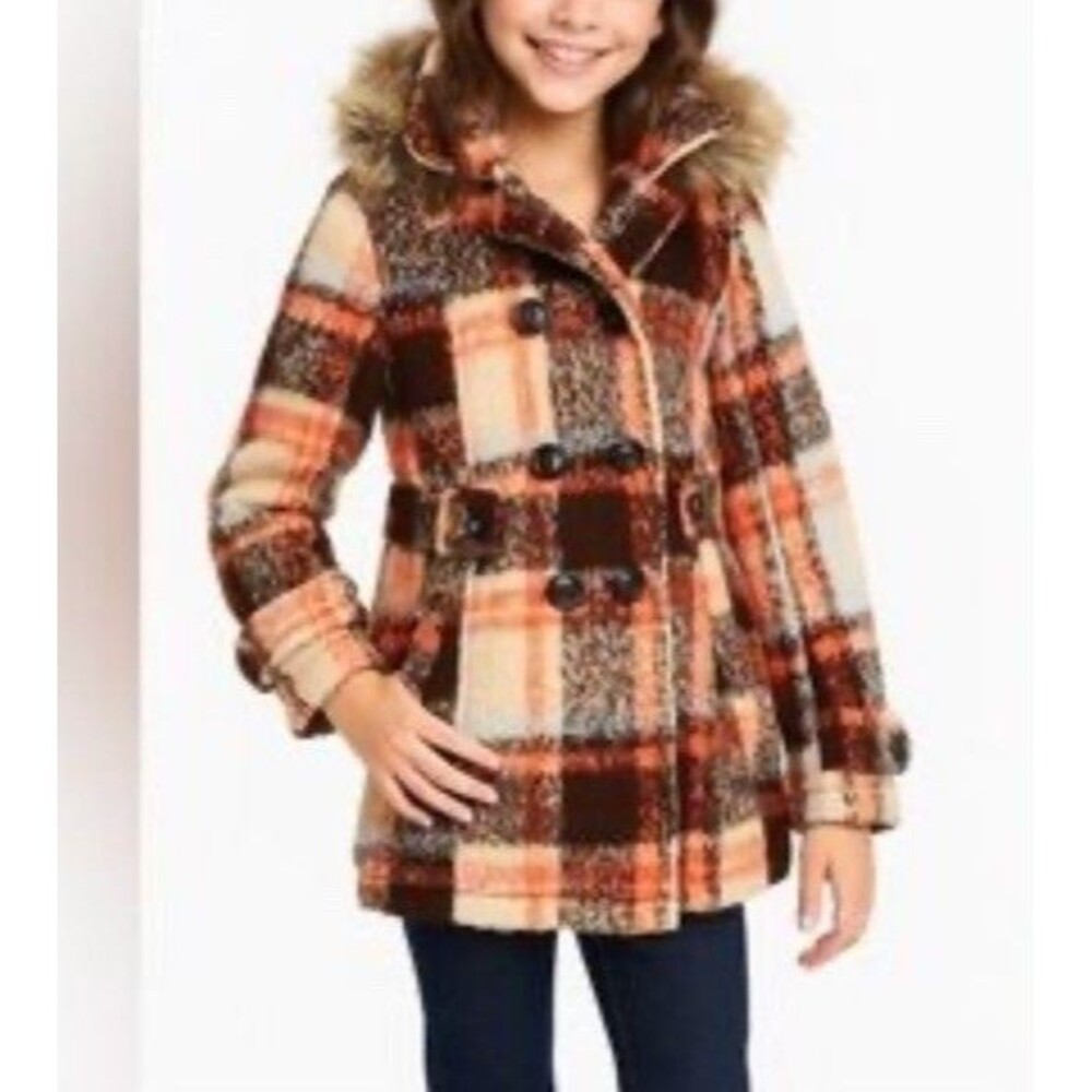 Urban Republic Girls Size 12 Multicolor Plaid Coat Faux Fur Hooded Peacoat NWT